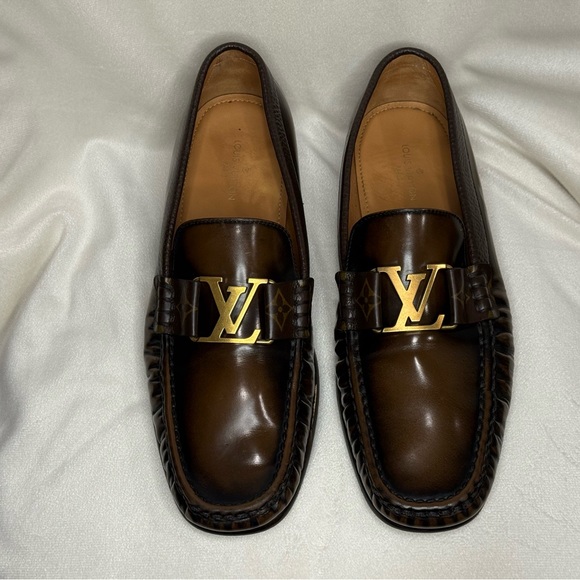 Louis Vuitton Dark Brown Leather Loafers with Gold Accent - Picture 1 of 4